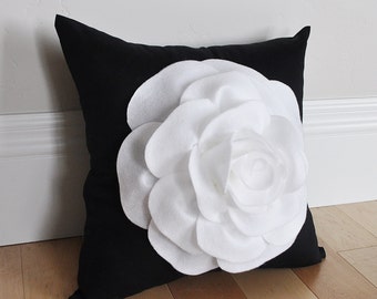 Black and White Rose Flower Pillow Elegant Pillow Textured Pillow
