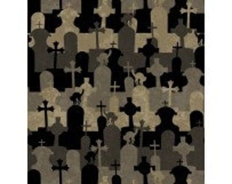Halloween Tombstones - Come Sit a Spell from Willmington Prints - Full or Half Yard Olive, Black, Gray Cemetary and Black Cats Crosses