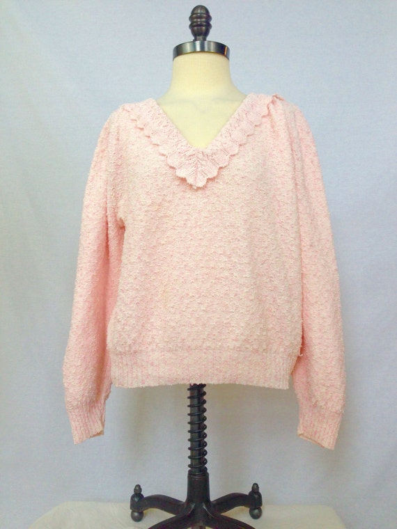 Pink Vintage Sweater 80s Crocheted Shirt V Neck Pink Jumper