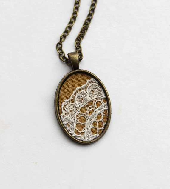 Mustard Yellow Lace Necklace Small Oval Pendant by TheWhirlwind