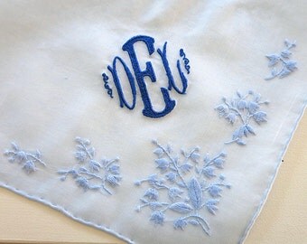 Blue Cotton Handkerchief with 3 Initial Monogram & Date