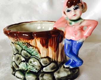 Vintage Planter Pixie Elf Fairy Leprechaun Wishing Well Figurine Porcelain Ceramic Pink Made in Japan 50's 60's Mid Century Kitsch Decor