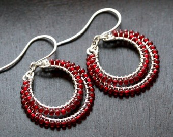 Red beaded dangle hoops, seed bead drop earrings, Czech glass, sterling silver, wire wrapped hoop, dangle hoop, Mimi Michele Jewelry