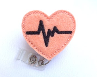 Badge holder retractable - nurse badge reel - Heartbeat EKG peach felt with black - Nurse RN doctor medical badge reel - id holder