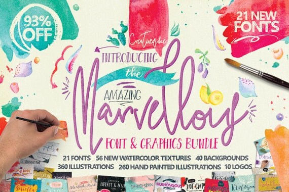 93% OFF Sale, Marvellous fonts Bundle, modern calligraphy, wedding fonts, Watercolor Clipart, Digital Paper