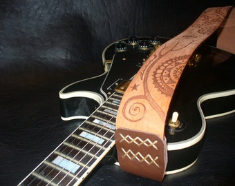 Handmade Leather Guitar Strap. Natural Brown."Mescalito".