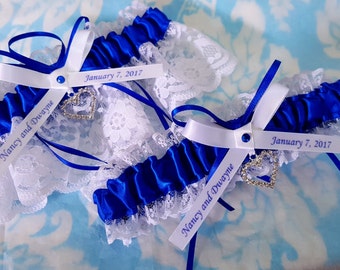 Blue and white Satin and lace Personalized Wedding Garter Set , Royal blue and white or ivory lace with crystal heart