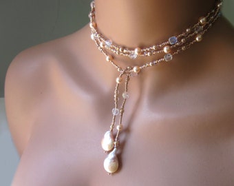 Beaded Lariat Necklace Earrings Set Baroque South Sea Peach Pearls Women's Jewelry Gift Wear Wrap and Go!