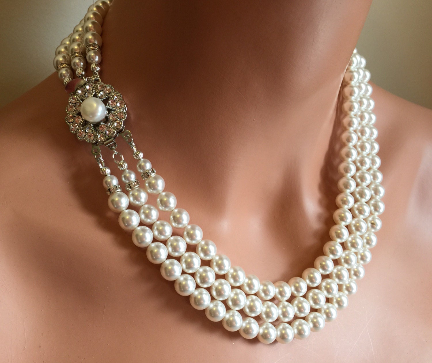 Bridal Pearl Necklace Set 3 strand with Earrings vintage style