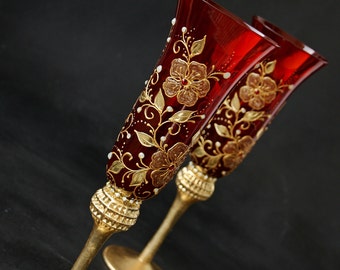 Red Glasses, Champagne Glasses, Wedding Glasses, Hand Painted set of 2, Vintage Wedding Theme