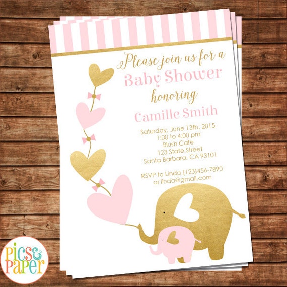 Pink And Gold Elephant Baby Shower Invitations 3