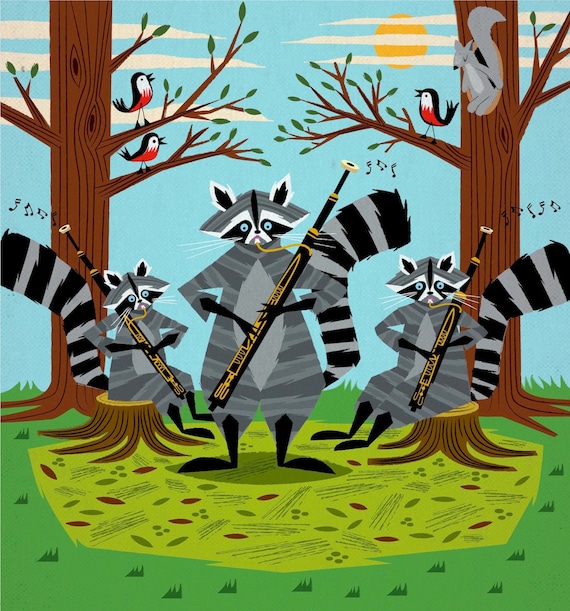 Raccoons Playing Bassoons - Raccoon / Music - Children's Animal Art Print by Oliver Lake - iOTA iLLUSTRATION