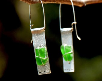 Silver Jewelry Long Rectangle Silver Earrings Green Silver Sea Glass Earrings Hoop Earrings Perforated Engraved Silver Sheet Earrings Israel