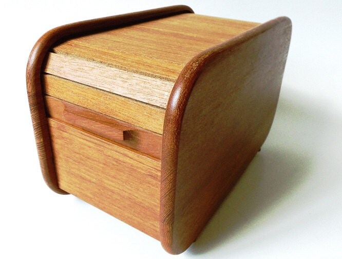 Teak Wood Tambour Roll Top Box Vintage Floppy Disk Storage