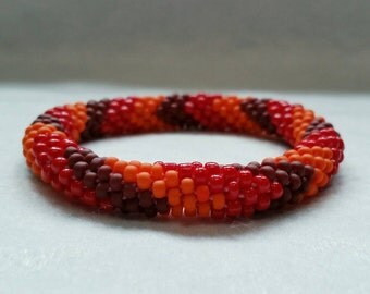 Fire Colors V-Pattern Seed Bead Crochet Bangle - Ready to Ship