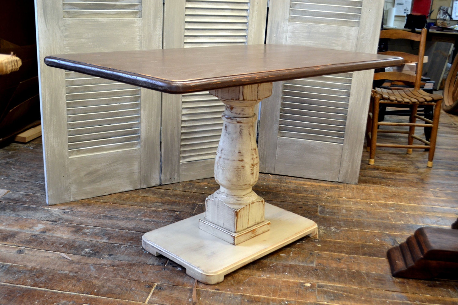 Handcrafted Rectangle Pedestal Table Distressed Brown and