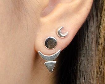 Sun & Moon Ear Jacket, Sterling Silver and Gold Plated, Geometric Jacket Earrings, Edgy, Modern Jewelry, Gift for Her, LUNAI, EJK006