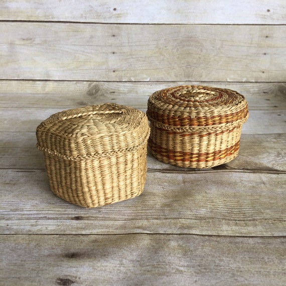 Two Small Woven Basket with lids