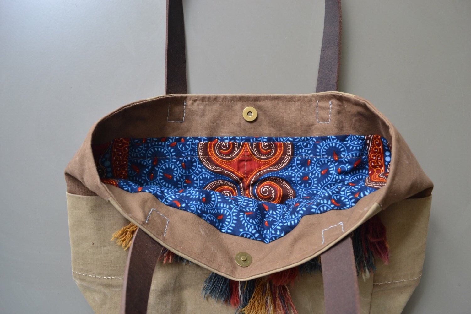 brown leather and ethnic tassels canvas shoulder bag turkmen