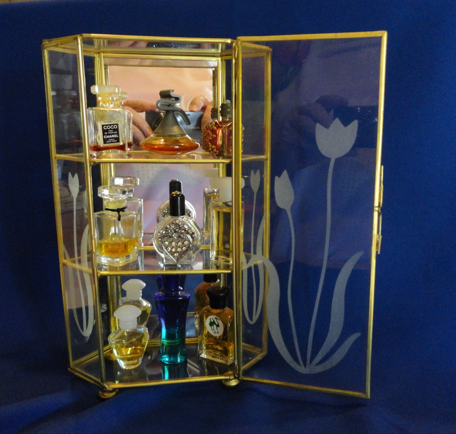 Miniature Perfume Display Case Containing 9 Vintage and