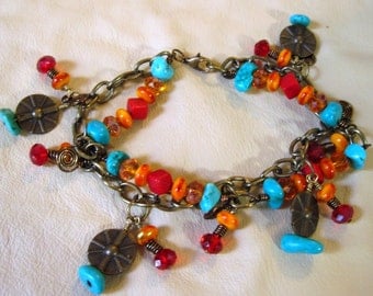 Bracelet, turquoise,orange coral,antique bronze,crystals
