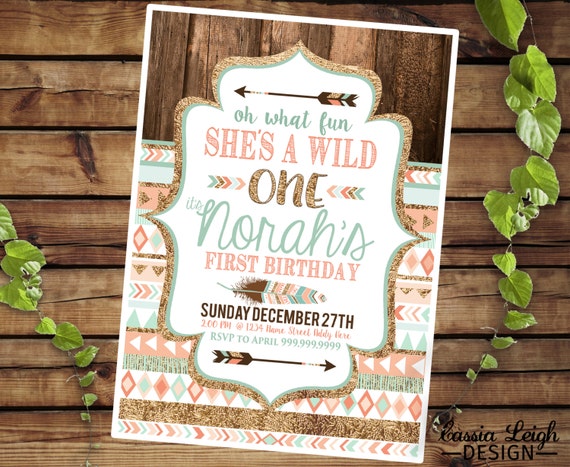 Tribal Wild One Party Invite - Coral  Teal and Gold -  First Birthday Invitation -  Printable digital download