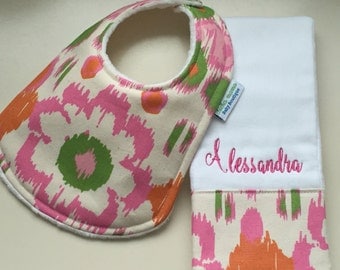 Personalized Monogrammed Baby Bib and Burp Cloth Set - Baby Girl Set
