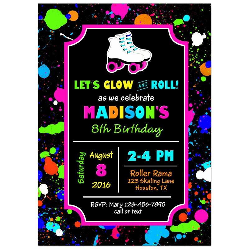 Girl's Neon Glow Roller Skating Invitation Printable or