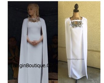 Pageant Costume Game of Thrones Daenerys Meereen Dress White Dragon Necklace Gown With Cape Cosplay Halloween Costume custom size