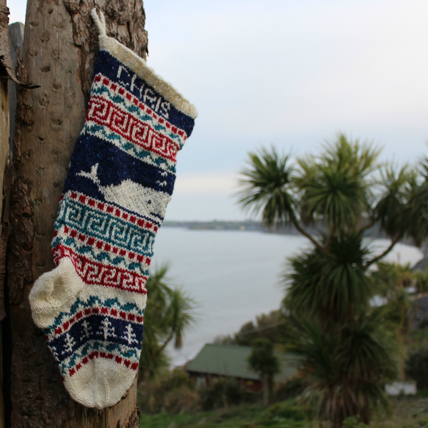 Personalized Christmas Stocking Knit Whale Fair Isle Handknit