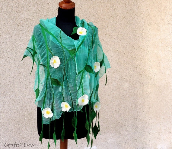 grass hair silk blossoms. white green Floral Fresh scarf. White nunofelt leaves and