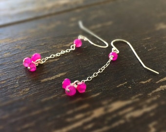 Hot Pink Earrings - Sterling Silver Jewelry - Chalcedony Gemstone Jewellery - Trendy - Chain - Dangle