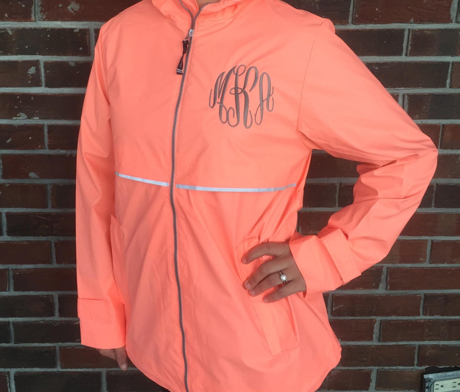 Monogrammed Preppy Rain Jacket with Hood for Women. Wind and