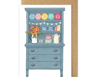 Welsh Dresser Card. Slate Blue Chalk Painted Dresser. Shabby Chic China. Welsh Greetings Card