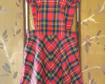 70s girls red tartan / plaid pinafore by Lipmans made in England