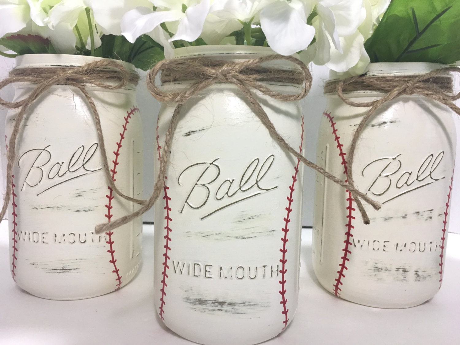 Hand Painted Baseball Mason Jars Set of 3 Quart Baseball