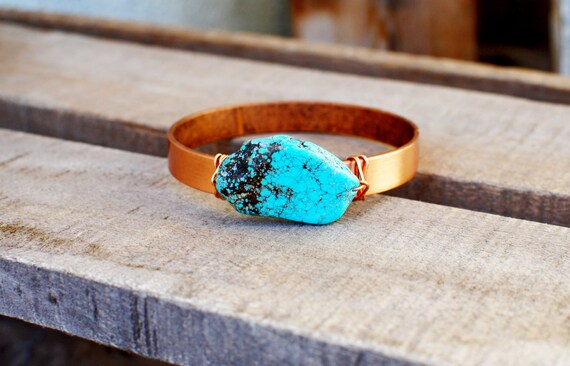 Turquoise Stone Wide Metal Bangle Bracelet Copper
