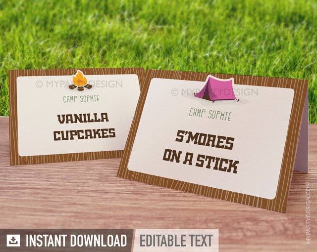 Camping Party Food Labels Place Cards Girl Campout