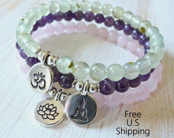 Yoga set of 3, Amethyst, Prehnite, Rose Quartz, mala bracelets, Meditation mala set, Reiki Charge, mala beads, lotus, Ohm, Buddha bracelet