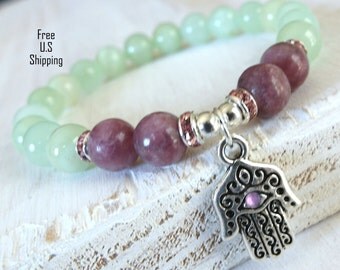 Jade Bracelet, Lepidolite bracelet, Hamsa bracelet, talisman bracelet, protection bracelet, Reiki jewelry, healing bracelet, Yoga bracelet