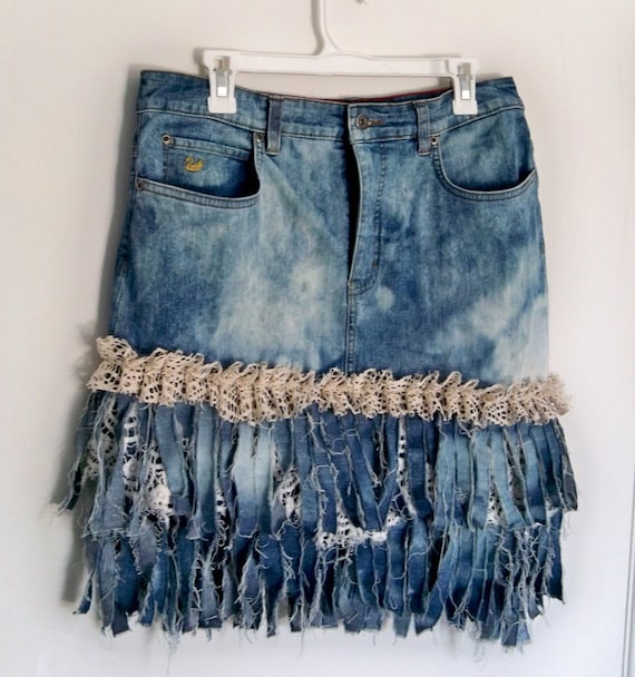 Size 10/12 tattered denim skirt fringe jean skirt custom