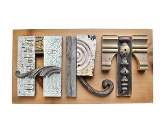 ART sign architectural salvage typography letters mixed media assemblage art, ORIGINAL ART by Elizabeth Rosen