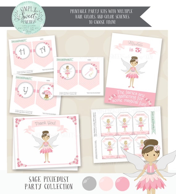 Sage Pixie Dust Birthday Party Package- Printable PDF files. Pink and Silver fairy. additional colors available Il_570xn