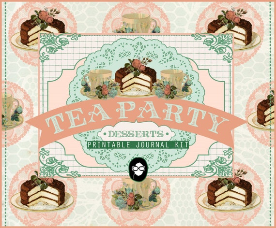 Printable Journal Kit -  Tea Party Desserts -  18 Page Instant Download -junk journal kit, digital download, rose quartz, serenity