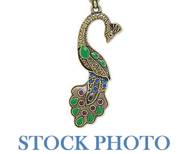 Peacock pendant focal, enamel glass rhinestone, antiqued brass finished, multicolored, green blue purple 56x25mm peacock, sold individually