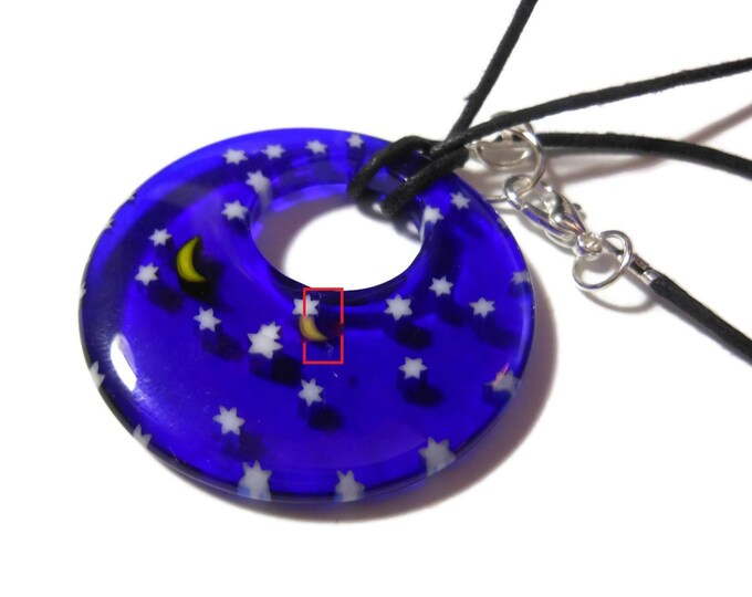 Millefiori glass pendant, 40mm round dark blue with field of stars and a yellow half moon, round go-go on black cord, silver plated findings