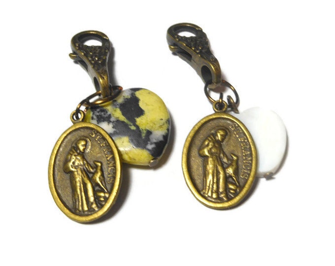 Saint Francis medal keychain, charm or pet tag, antiqued bronze lobster clasp and yellow turquoise or white mother of pearl heart (MOP)