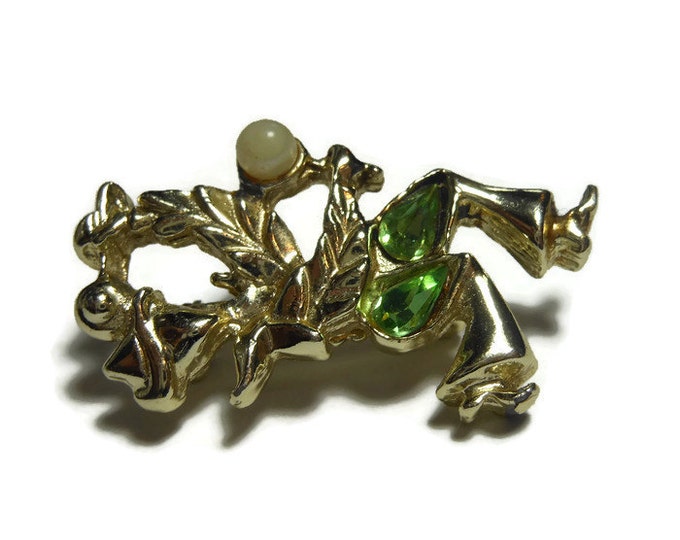 FREE SHIPPING Flamenco dancer brooch pin with maracas and faux pearl and green rhinestones in a light gold tone setting