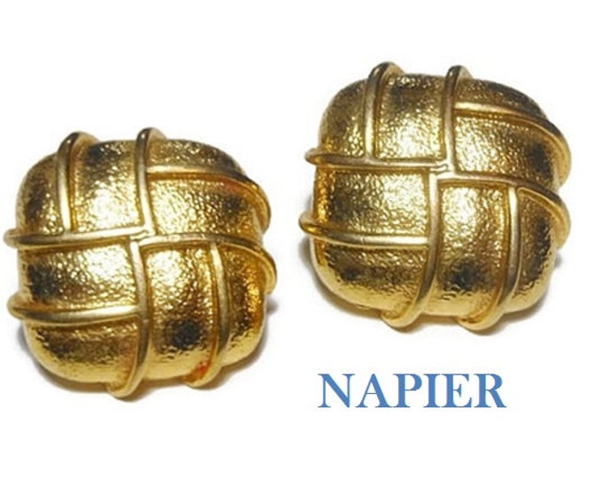 FREE SHIPPING Napier gold earrings, Mod earrings, 1980s gold plated square shadowbox style earrings great texture, post earrings