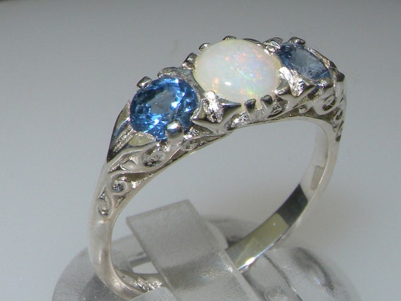 10k White Gold Natural Opal & Sapphire Womens Trilogy Ring